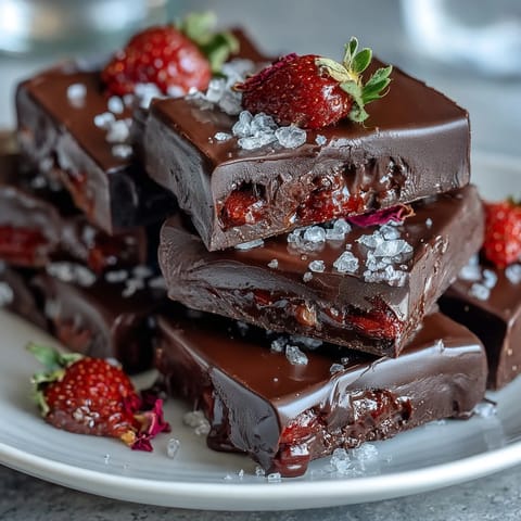Dubai Chocolate Strawberry Bark with Pistachios and Almonds, a rich dark chocolate treat topped with dried strawberries, crunchy pistachios, and almonds.