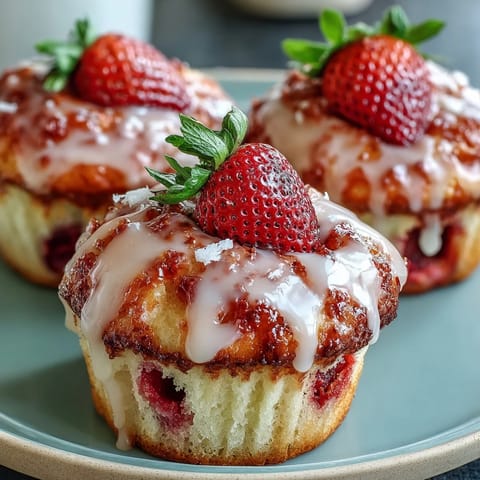 Fluffy strawberry muffins with juicy berries and a tangy lemon glaze, perfect for a sweet breakfast or snack.