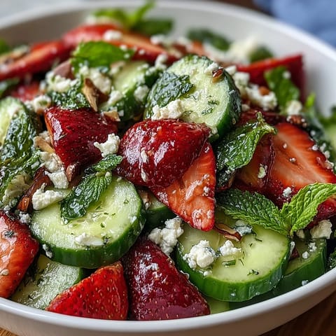A vibrant spring salad with crisp cucumber, juicy strawberries, and fresh mint in a light lemon-honey dressing.