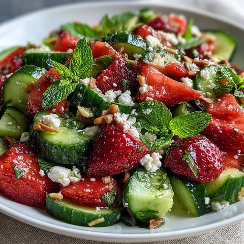 Bright and refreshing cucumber strawberry salad with mint, perfect for a healthy lunch or side dish.