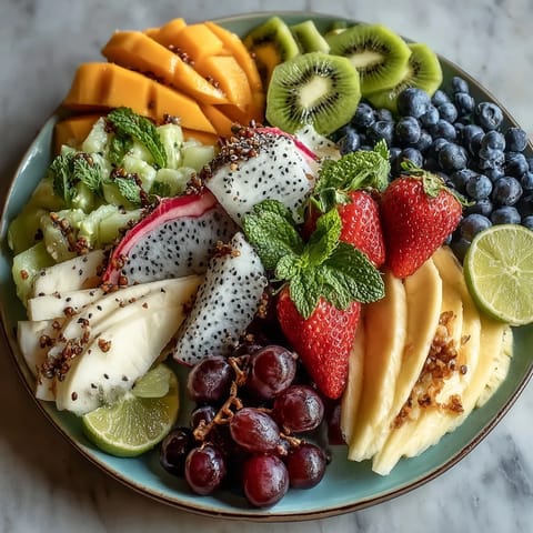 Vibrant tropical fruit display with ripe mango and pineapple slices arranged on a platter, garnished with fresh mint and lime wedges.