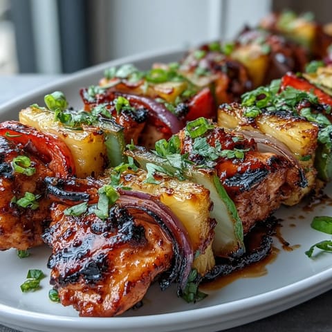 Grilled Pineapple Chicken Skewers with juicy chicken and sweet pineapple, perfect for a summer cookout.  
