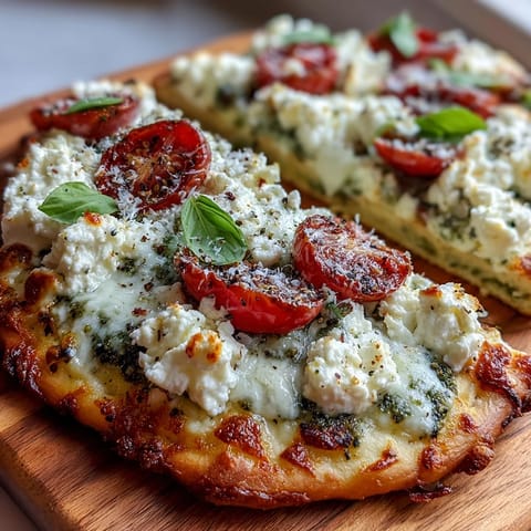 This Viral Cottage Cheese Flatbread bursts with melted pesto, juicy tomatoes, and basil.