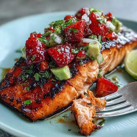 Perfectly grilled salmon topped with bright strawberry avocado salsa, a summer delight.