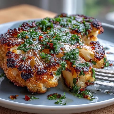 Smoky BBQ Cauliflower Steaks topped with vibrant, fresh chimichurri sauce.