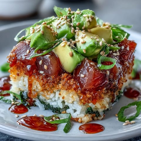 Crispy Rice Salad with Avocado and Spicy Tuna: golden bites with creamy tuna and vibrant greens.