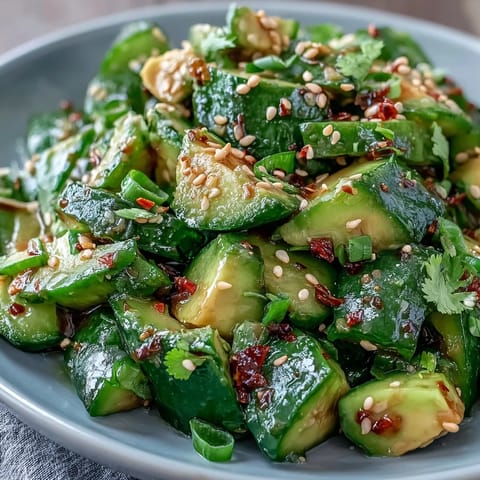 Vibrant smashed cucumber and avocado salad, ready for serving piled high.