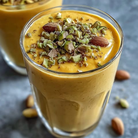 Vibrant Mango Lassi Smoothie, perfectly blended with aromatic Indian cardamom spice.