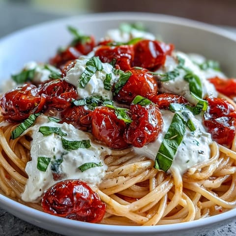A bursting bowl of Summer Caprese Pasta, highlighting burrata's luscious creaminess.