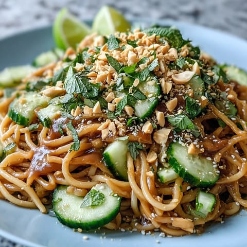A refreshing bowl of Cold Peanut Sesame Noodles with crisp cucumber slices.