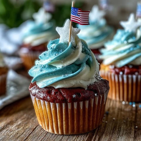 Festive Star-Spangled Banner Cupcakes with edible flags, a sweet treat.