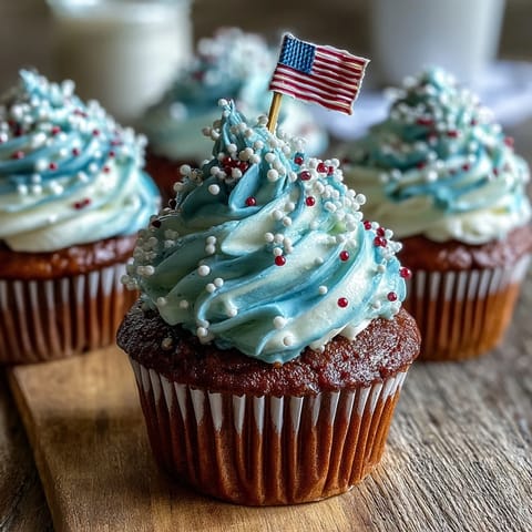 Red, white, and blue swirled frosting adorns these Star-Spangled Banner Cupcakes.