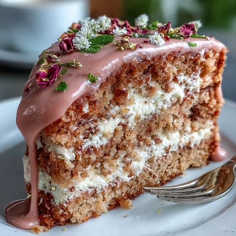 Beautifully frosted Bridal Shower Rosé Velvet Cake with cascading gold drip.
