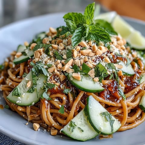 Cold Peanut Sesame Noodles with Cucumber, creamy sauce coating tender noodles.