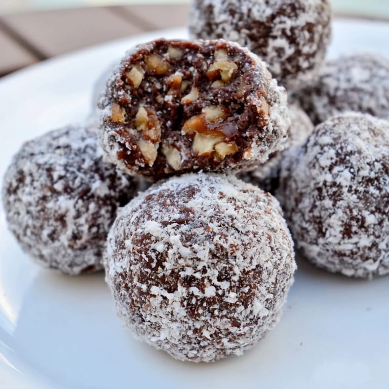 Soft, chocolate Mud Balls glistening with powdered sugar, perfect for a no-bake, easy treat.