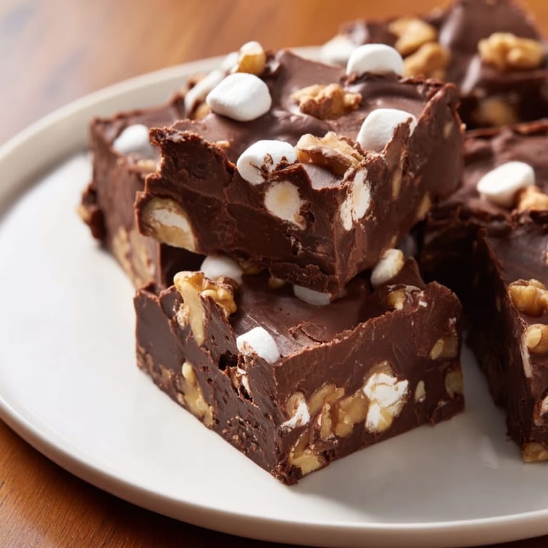 Silky chocolate swirls over this homemade Rocky Road Fudge, a delicious treat perfect for sharing.