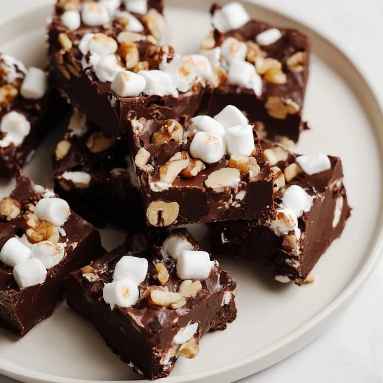 Cool, creamy Rocky Road Fudge squares, with a satisfying crunch from the toasted nuts.