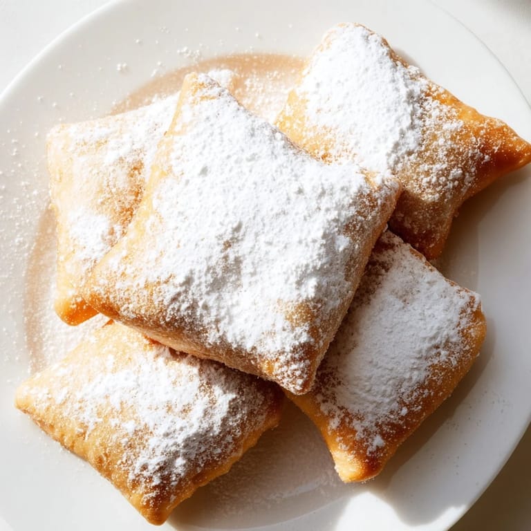 Freshly fried beignets dusted with snowy powdered sugar, a classic New Orleans dessert for sharing.