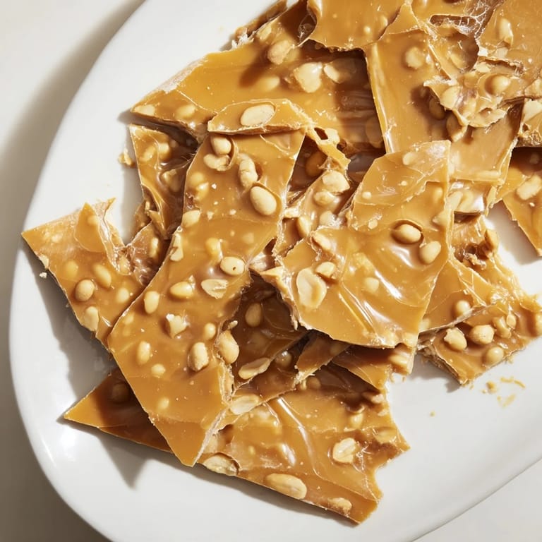 See the beautiful, cracked surface of this delicious peanut brittle, ideal for a sweet treat.