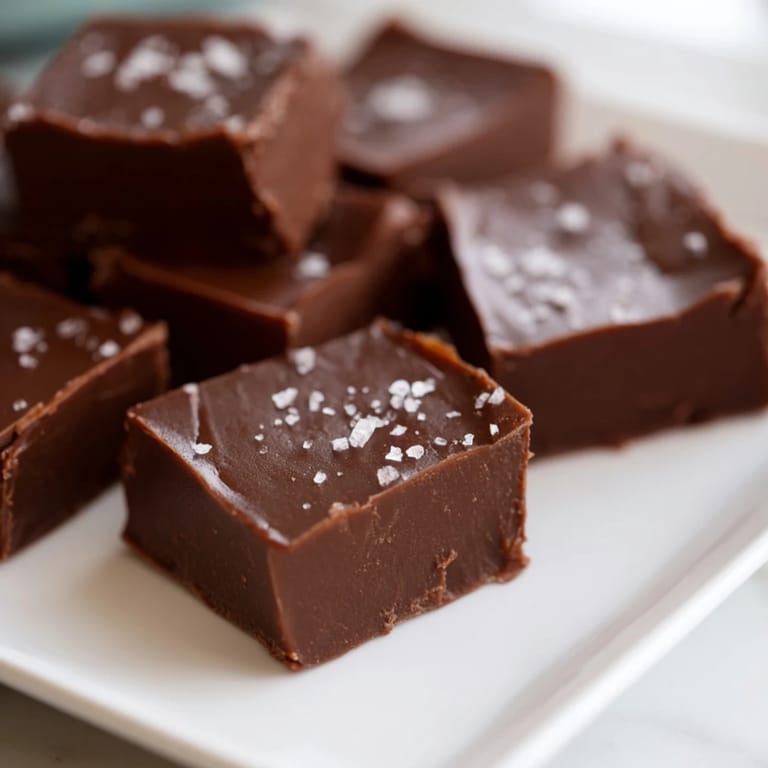 Perfectly set fudge: squares of delicious American treat with a glossy, inviting appearance.