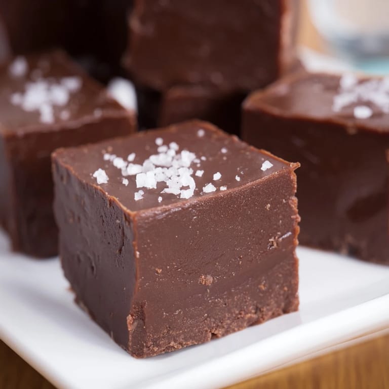 Rich, dark chocolate fudge shimmering on a table, ready to be sliced and served.