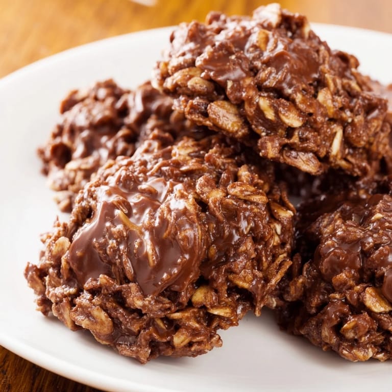 Sweet, creamy No-Bake Chocolate Oatmeal Drop Cookies glistening on a parchment-lined baking sheet.
