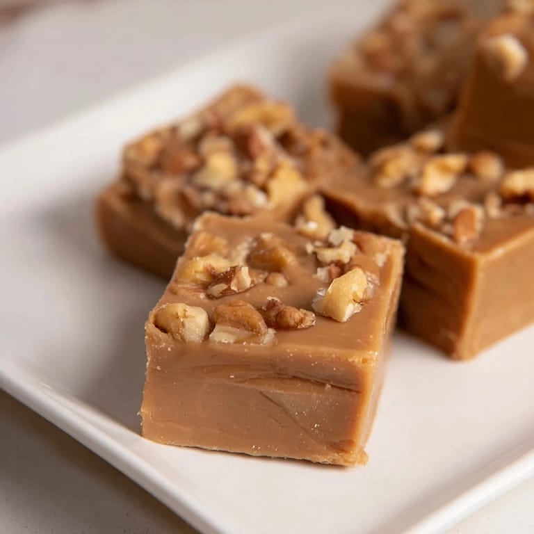 Warm, caramel-colored Penuche Fudge squares glistening, promising a rich, melt-in-your-mouth flavor.
