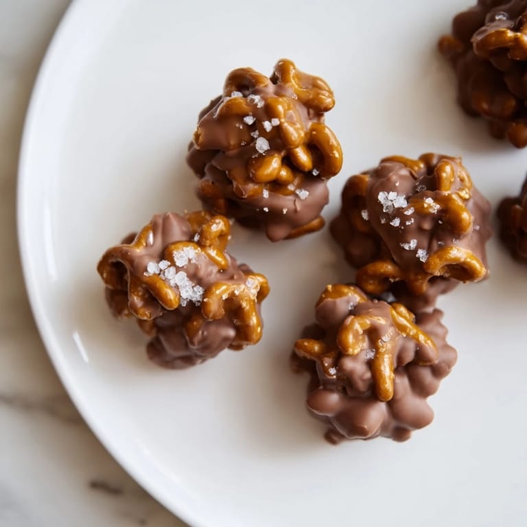 Close-up of freshly made pretzel candy clusters, a delightful sweet and salty dessert to share.