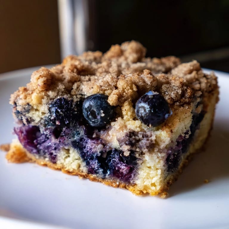 Close-up of a rustic Blueberry Buckle with a buttery, cinnamon-kissed streusel, ready to serve.