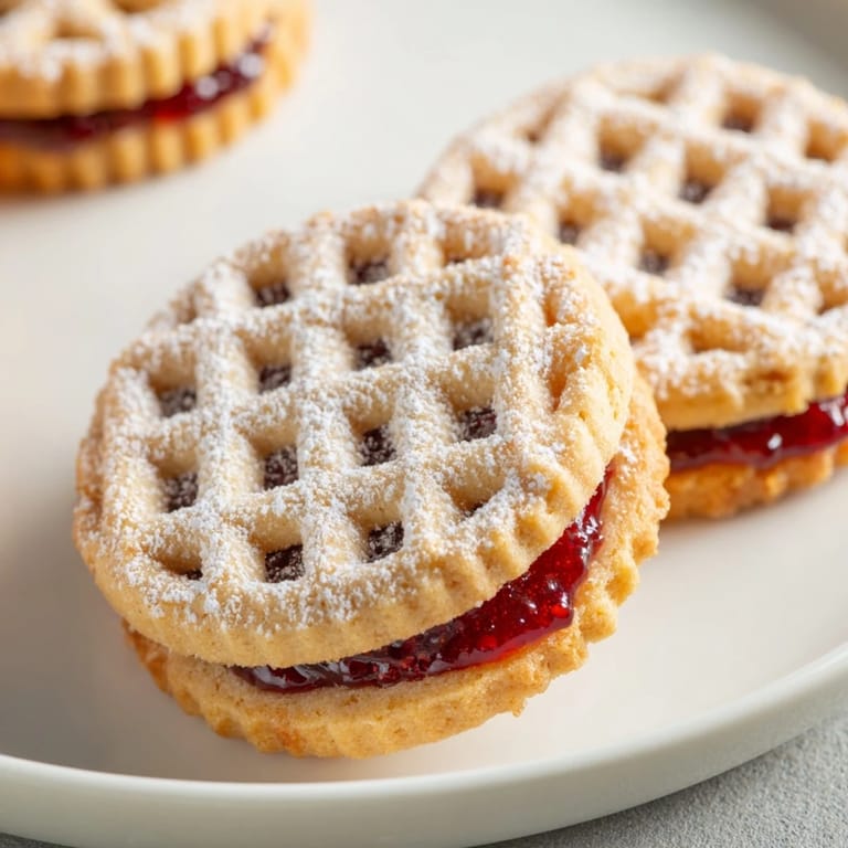 A stack of beautifully-baked Linzer Cookies, with delicate powdered sugar and jam filling visible.