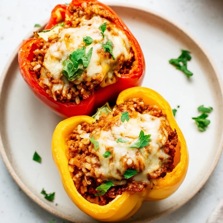 Freshly baked Stuffed Bell Peppers with savory ground beef and rice filling, smothered in rich tomato sauce and herbs.
