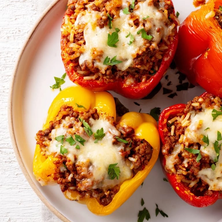 Juicy Stuffed Bell Peppers filled with seasoned meat and rice, topped with bubbly cheddar cheese on a rustic plate.