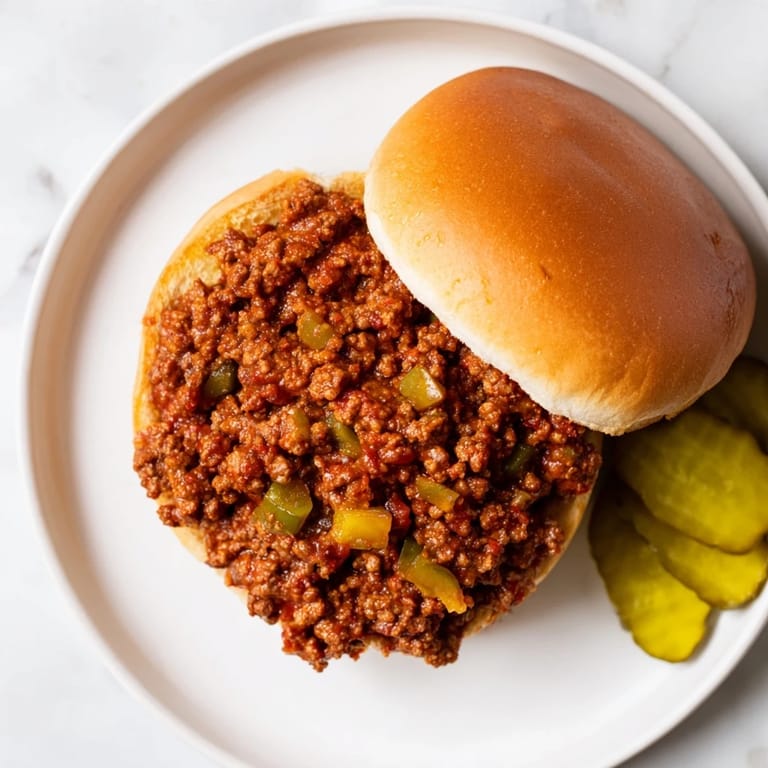 Family-style dinner plate featuring Sloppy Joes with pickles, served alongside crispy potato chips for a casual weeknight meal.