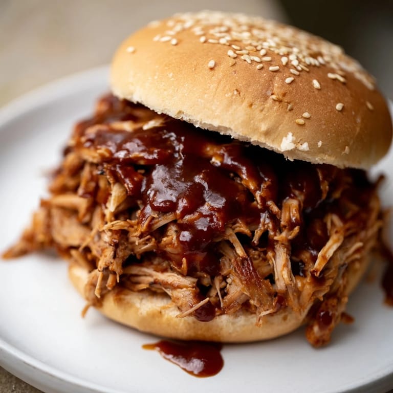A slow-cooker pulled pork sandwich stuffed with juicy shredded meat, drizzled with tangy barbecue sauce and served with extra sauce on the side.