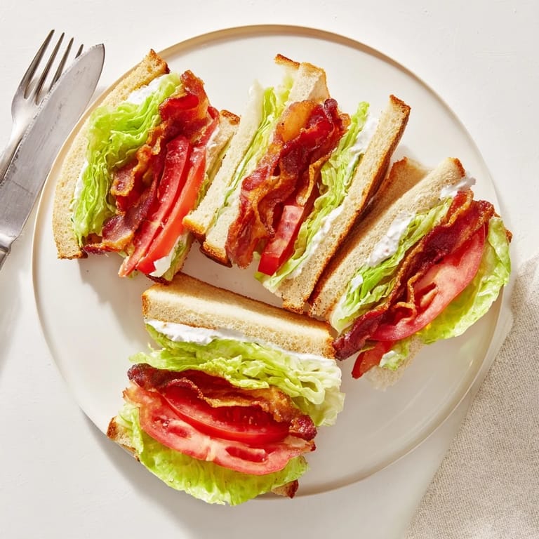 Layered BLT Sandwich on a plate with mayonnaise, juicy tomato slices, and crispy bacon layers.