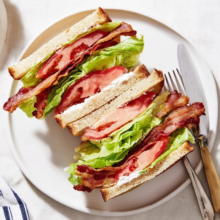 Freshly toasted BLT Sandwich served with golden potato chips and a side of crunchy pickles.