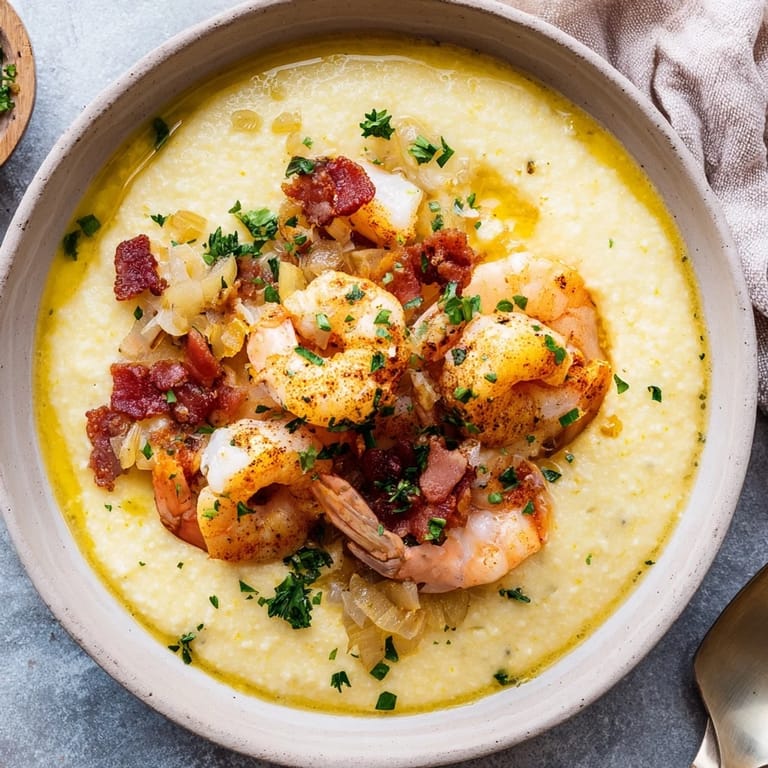 Spoonful of Southern Shrimp and Grits featuring tender Cajun shrimp and cheesy grits served steaming hot in a rustic bowl.