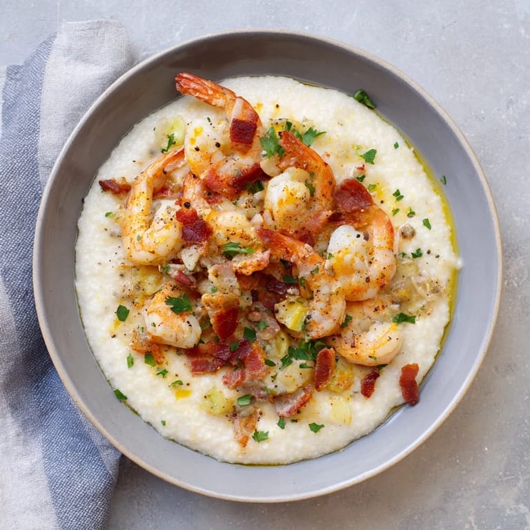 Close-up of Shrimp and Grits with succulent shrimp in a buttery pan sauce over golden creamy grits, ready for dinner.
