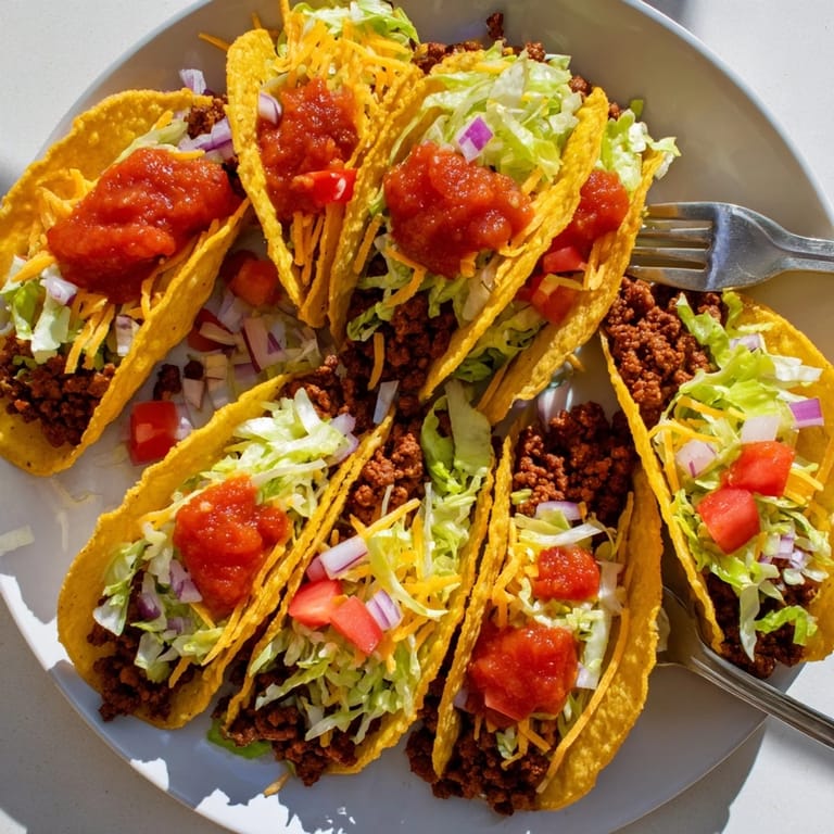 Freshly assembled American-Style Tacos topped with diced tomatoes, zesty salsa, and savory ground beef.