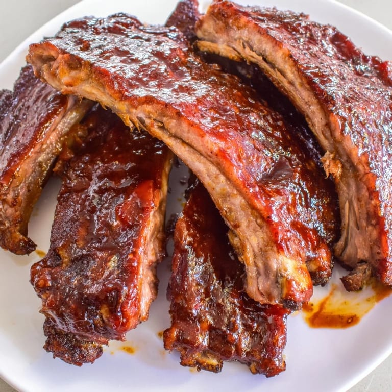 Tender BBQ Ribs with fall-off-the-bone meat, drizzled with smoky sauce and ready for a backyard feast.