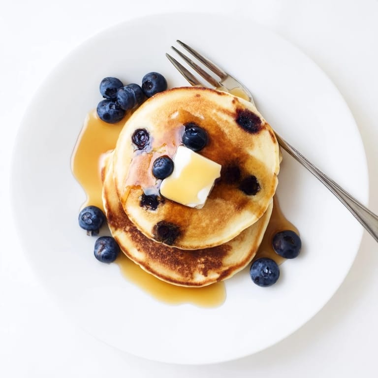 Fresh blueberry pancakes cooking on a griddle with golden-brown edges and bubbling batter.