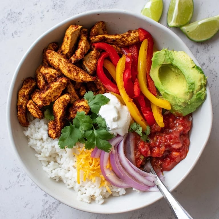 Close-up of a fresh Chicken Fajita Bowl showing avocado slices, melted cheese, and juicy chicken over rice.