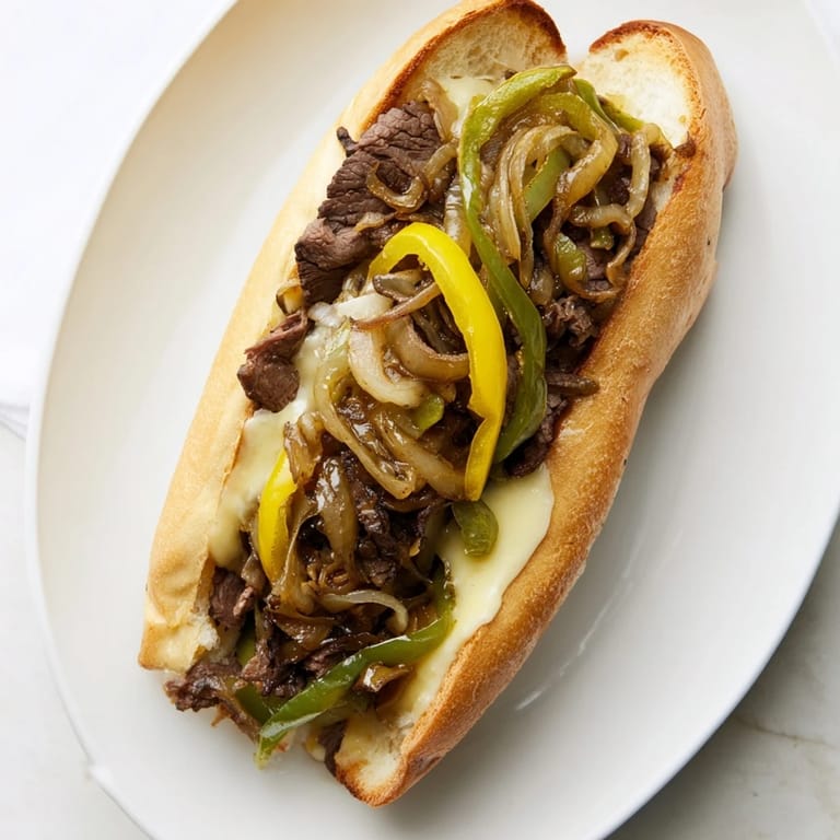 A close-up view of a messy, delicious Philly Cheesesteak sandwich overflowing with tender beef and gooey melted cheese.