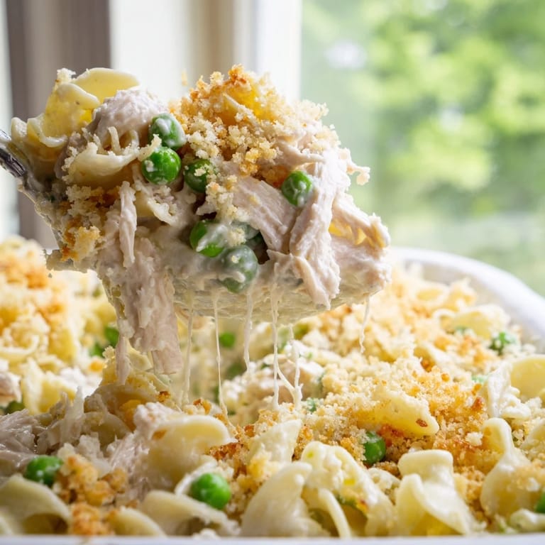 Family-style Tuna Casserole served from a casserole dish, beside a fresh salad and white wine for a weeknight meal.