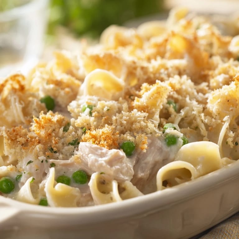 Comforting homemade Tuna Casserole with bubbly cheese sauce, tender pasta, green peas, and crunchy breadcrumbs straight from the oven.