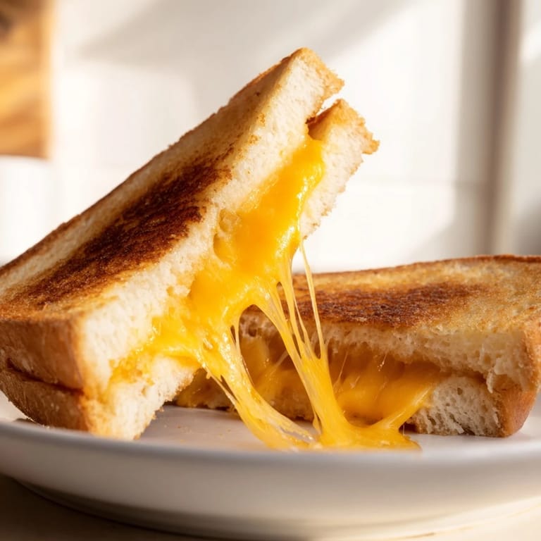 A close-up of a Grilled Cheese Sandwich in a skillet, showing gooey melted cheese and a perfectly seared crust.