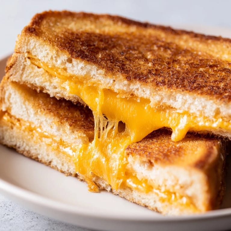 Two halves of a classic Grilled Cheese Sandwich stacked on a cutting board, ready to be dipped in tomato soup.