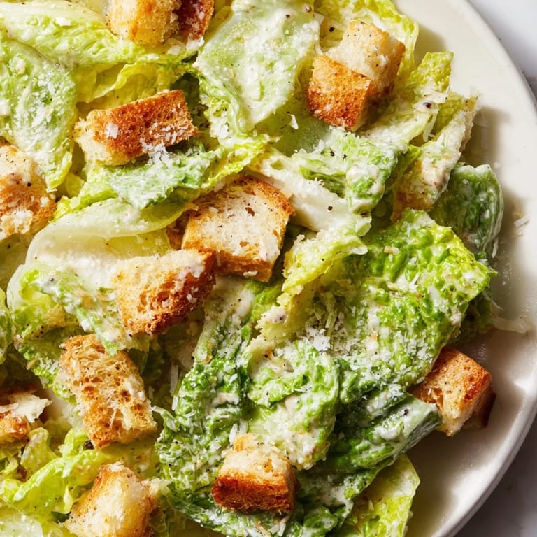 Homemade Caesar Salad topped with shaved Parmesan cheese, tossed in creamy dressing, served as a classic side dish.