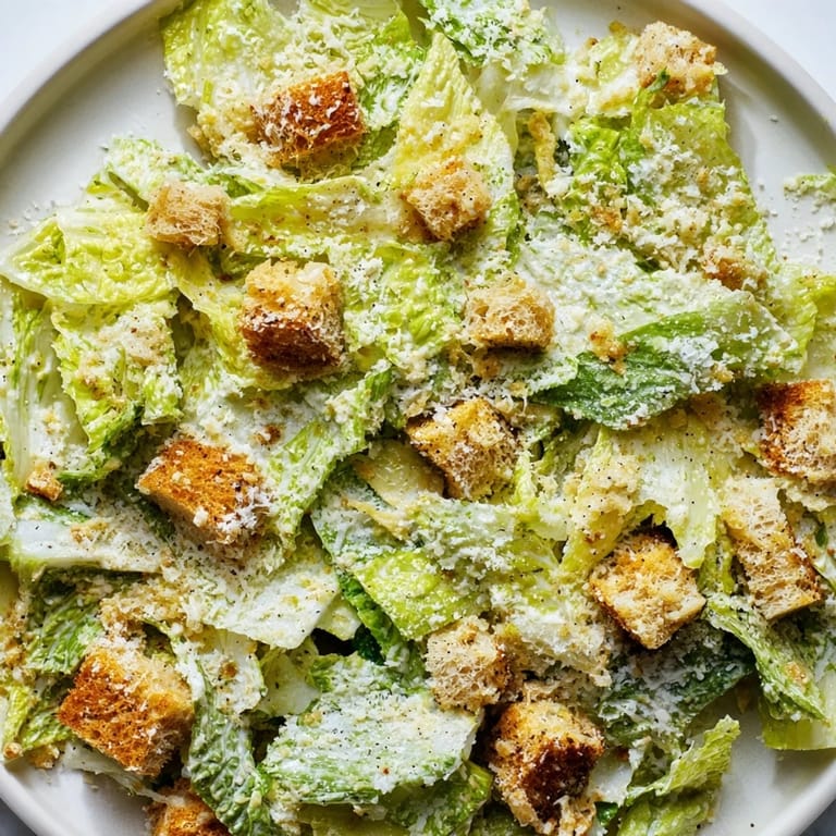 Close-up of a vibrant Caesar Salad featuring chopped romaine, golden croutons, and freshly grated Parmesan on a rustic table.