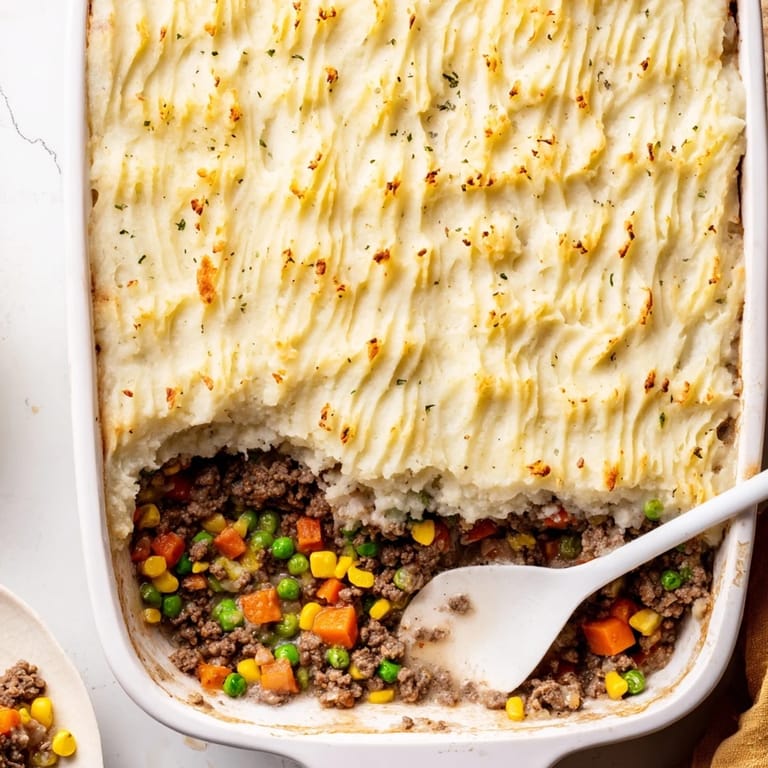 Bubbling Shepherd’s Pie casserole fresh from the oven, featuring fluffy ridged potatoes topping a rich ground beef, carrot, and pea mixture.